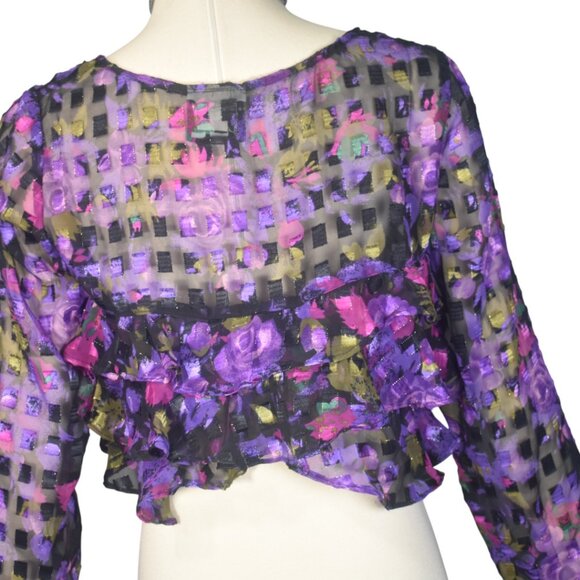 Vintage 90s Sheer Ruffle Floral Crop Top Long Sleeves L - Picture 4 of 8